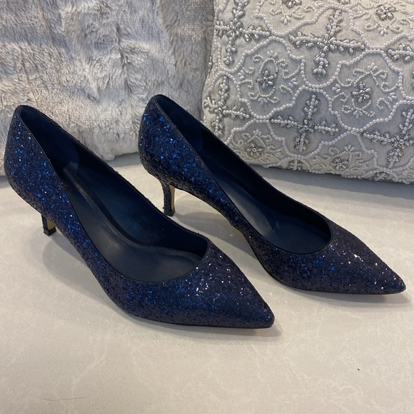 WHBM Midnight Blue Glitter Pumps Kitten Heels Size 9 - Picture 2 of 10